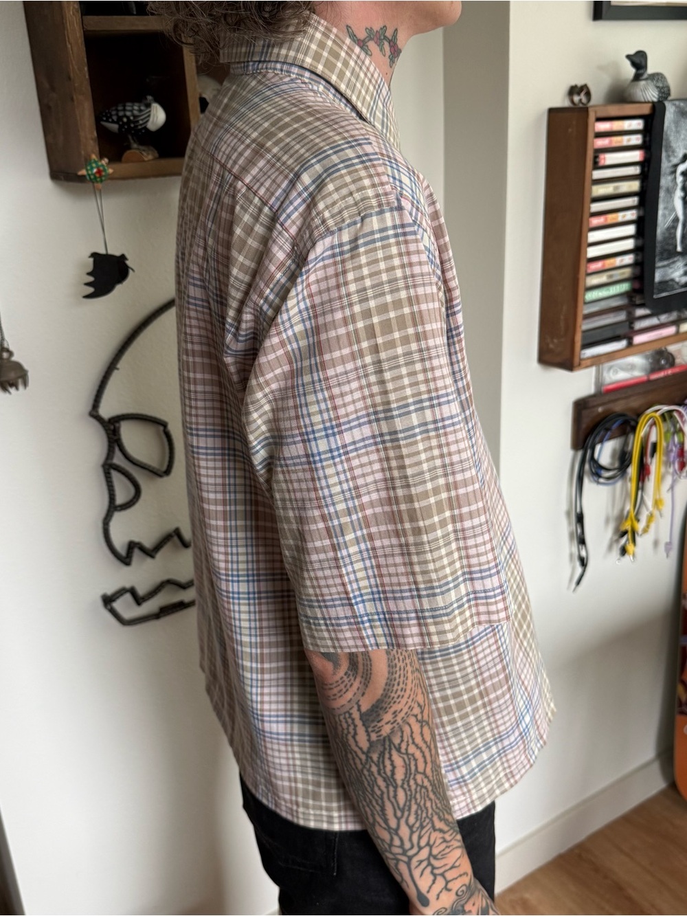 Vintage 80s Cropped Boxy Plaid S/S Button Down Shirt Arrow ~ Size Large - Picture 4 of 9